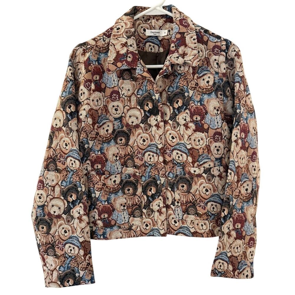 Daphnea Paris Teddy Bear Tapestry Cropped Jacket Blazer Novelty S
